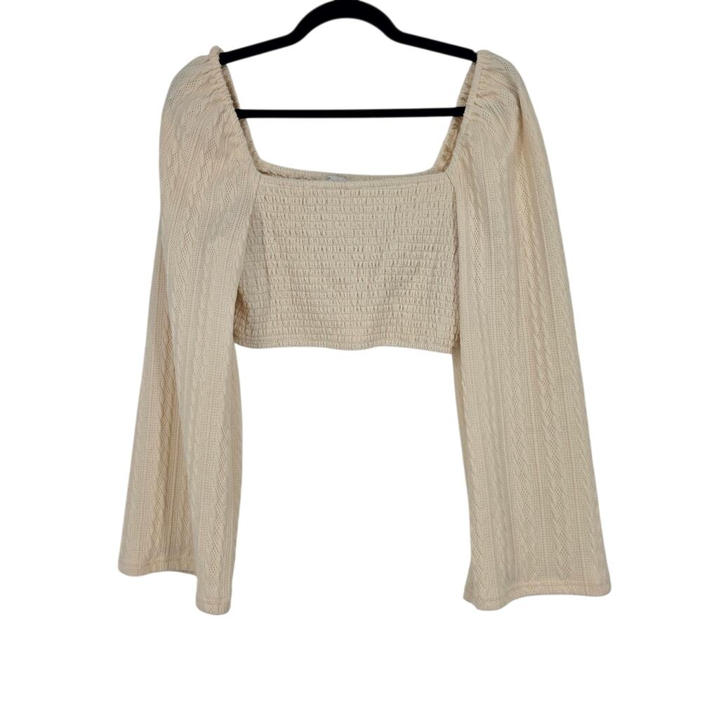 Emory Park Cream Noelle Smocked Cable Knit Long Bell Sleeve Crop Top Size M